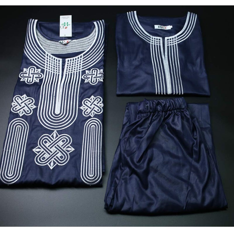HD African Apparel Agbada Clothing Embroidery Dashiki Shirts and Pants African Men Outfits 3 Pieces, Blue XL - Image 3